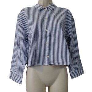 Everlane Woven Cotton PJ Top Women Size S Blue Stripe Button Up Long Sleeve